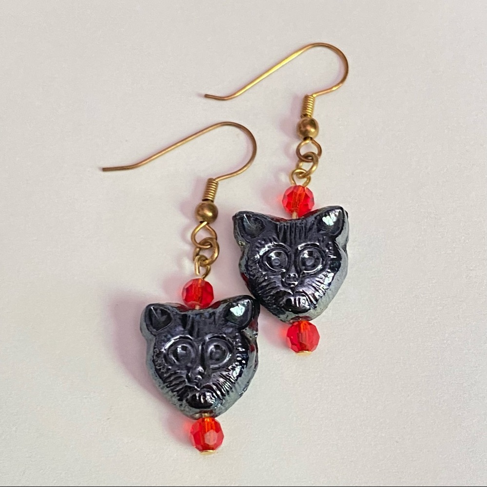 Hand Crafted Black Cat Dangle Earrings Steel Gray Kitty Kitten Halloween